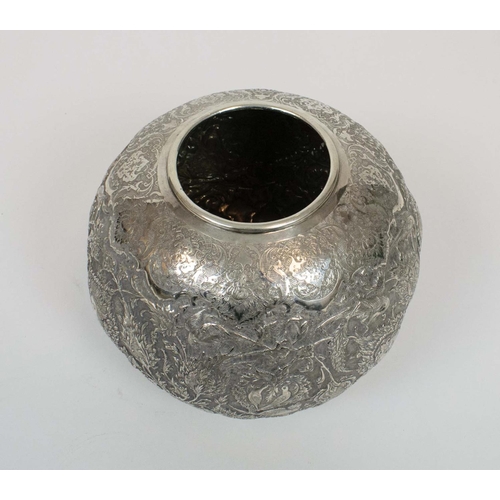 4 - A PERSIAN WHITE METAL VASE, probably high grade silver, ovoid in form, embossed body depicting birds... 
