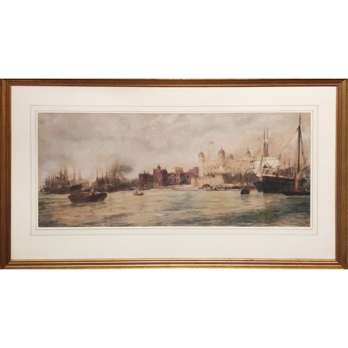 56 - THOMAS BUSH HARDY (1842-1897), 'The Thames at the tower of London', watercolour, 40cm x 97cm, signed... 