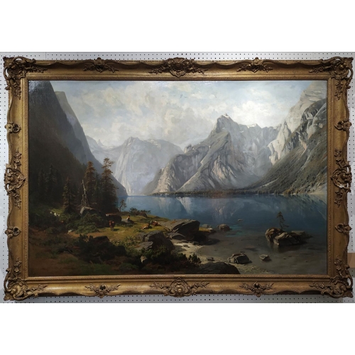 62 - FRANZ LEINEKER (1825-1917) 'Bolzano - Landscape' with figures, oil on canvas, 85cm x 130cm, signed a... 