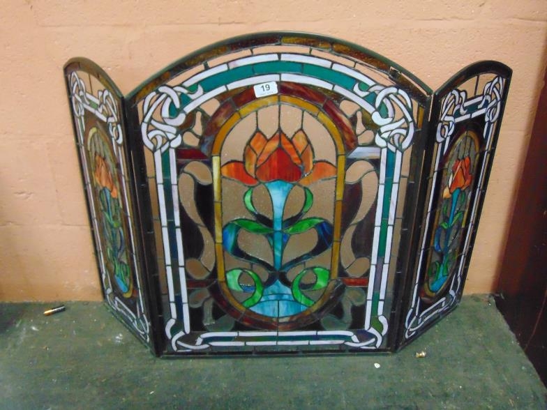 Good leaded glass folding fire guard, 28 in. high.