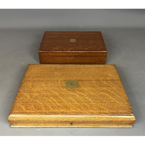 46 - 2 good quality tiger oak storage boxes, one containing a large assortment of sewing cottons. Shippin... 
