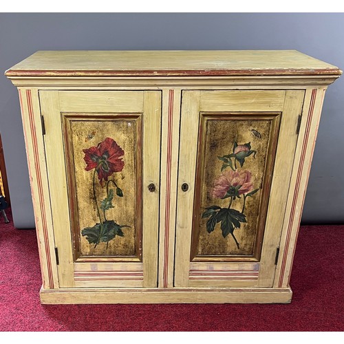35 - A nicely decorated 2 door antique pine cupboard, having internal shelf. 93x108x49cm. Collection in p... 