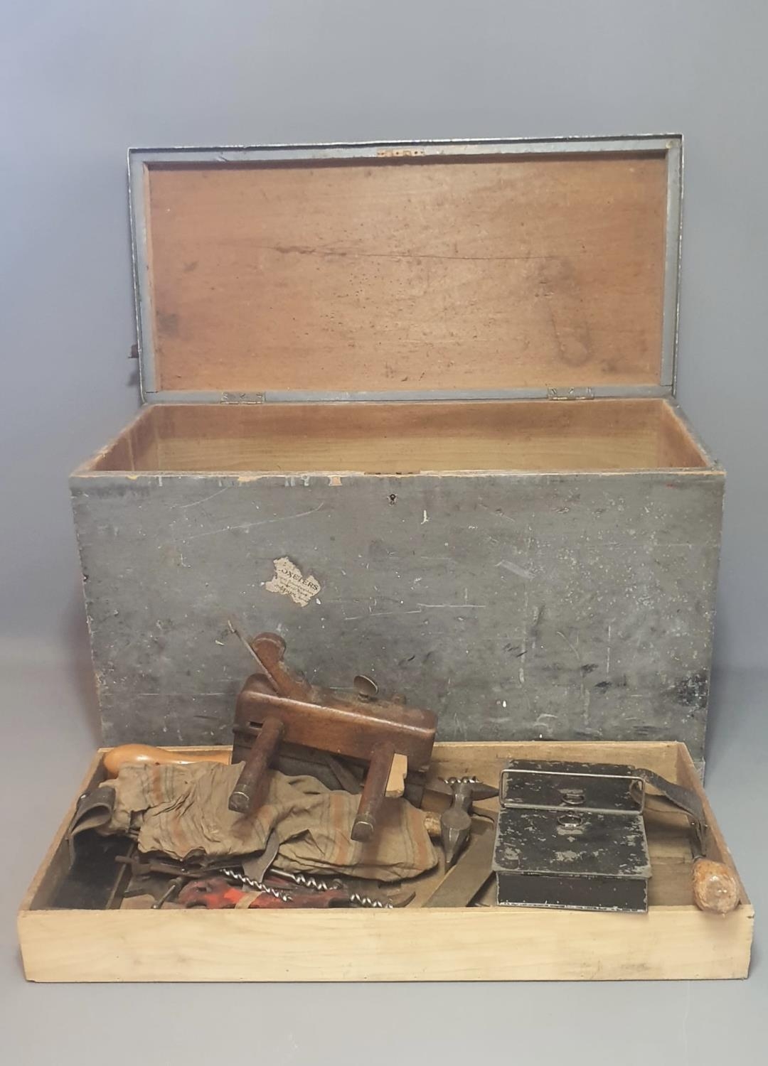 Vintage wooden tool box including contents. Collection only or please arrange your own courier.