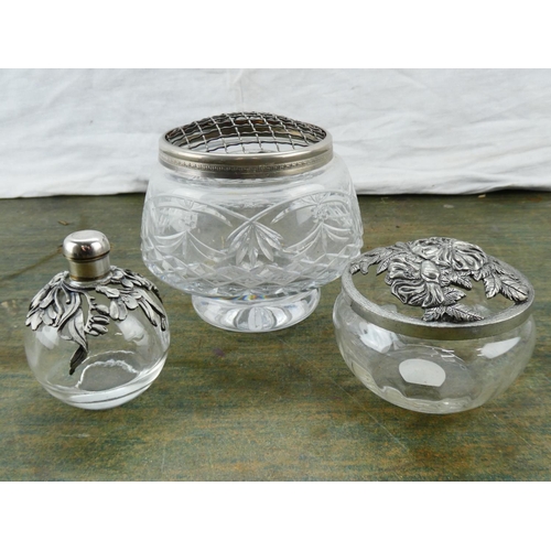 121 - A metal and glass perfume bottle, similar pot pourri dish and another.