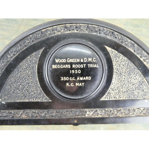 134 - A vintage Bakelite Linsden Trophy, engraved 'Wood Green & D.M.C Beggars Roost Trial 1950 350cc Award... 