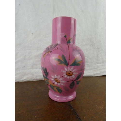 158 - A stunning pink glass hand painted vase.