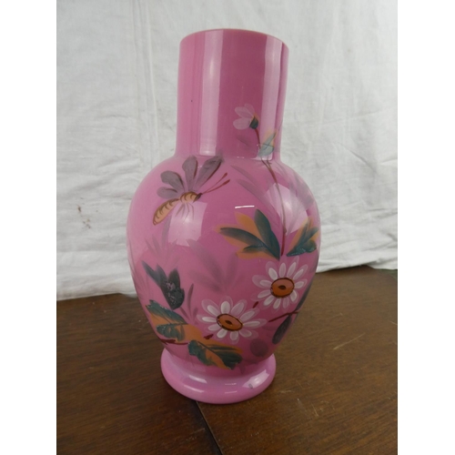 158 - A stunning pink glass hand painted vase.