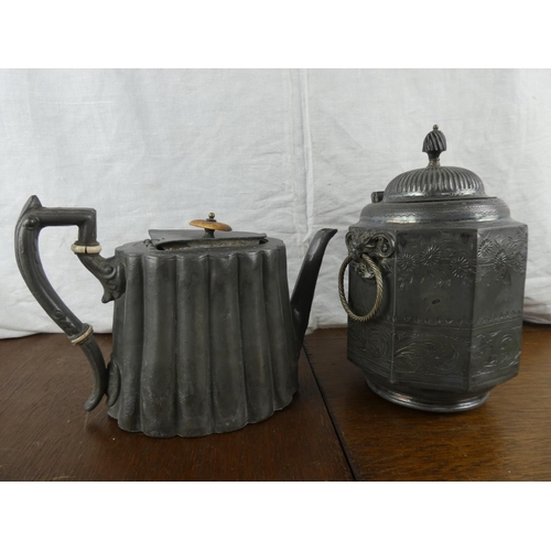 537 - A stunning antique pewter biscuit barrel & teapot.