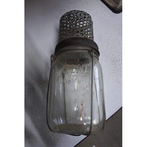 547 - A vintage glass Kilner jar with hanging fly catcher attachment.