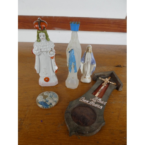 20 - Three religious statues and wall plaque.