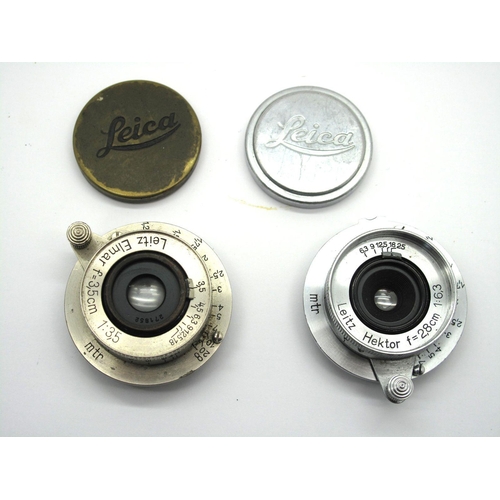 834 - Leitz Hektor f=2.8 1:6,3 Lens, with Leica Cap, Leitz Elmar f=3,5cm 1:3,5 Lens with Leica Cap. (2)