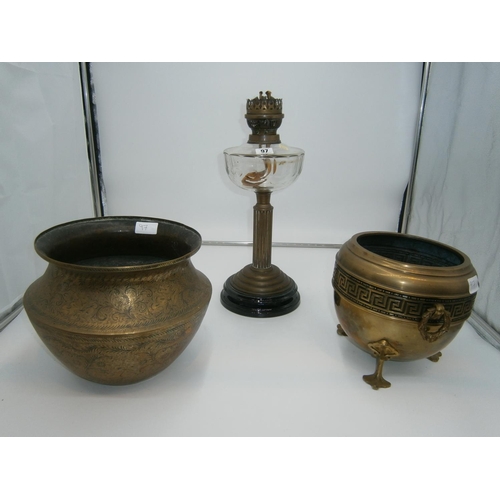 Indian Brass Jardiniere, Another Jardiniere on Pad Feet and a Brass and Glass Oil Lamp