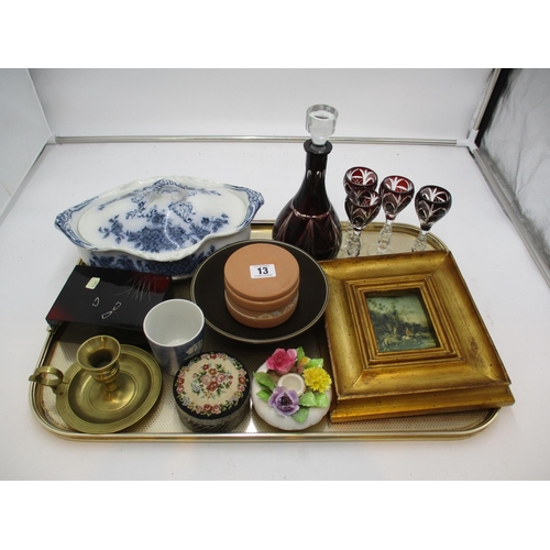 13 - Overlaid Decanter and Glasses, Victorian Tureen and 5 Other Items