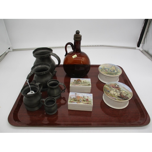 Five Pewter Measures, Amber Glass Decanter and 4 Prattware Pots