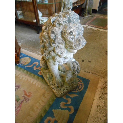 41 - A pair of concrete garden statues as lions with heraldic shields - 30in. high