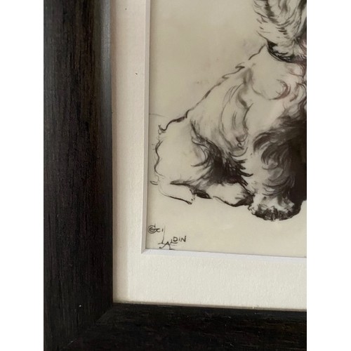4 - A signed pen and ink study of a Westie Terrier on an ivorine panel, framed - 4 1/4in. x 3in.