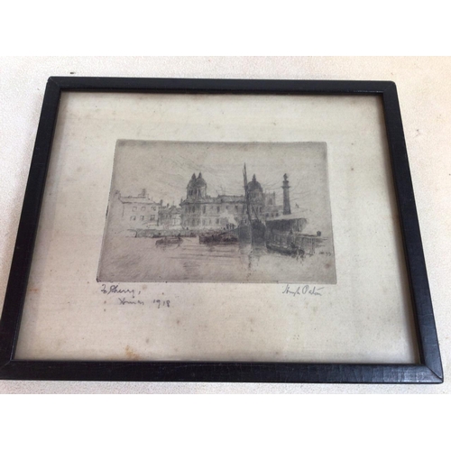 19 - An etching of a wharf scene dated Xmas 1918 signed lower right Hugh  Paton  W:19.5cm x H:16cm frame ... 
