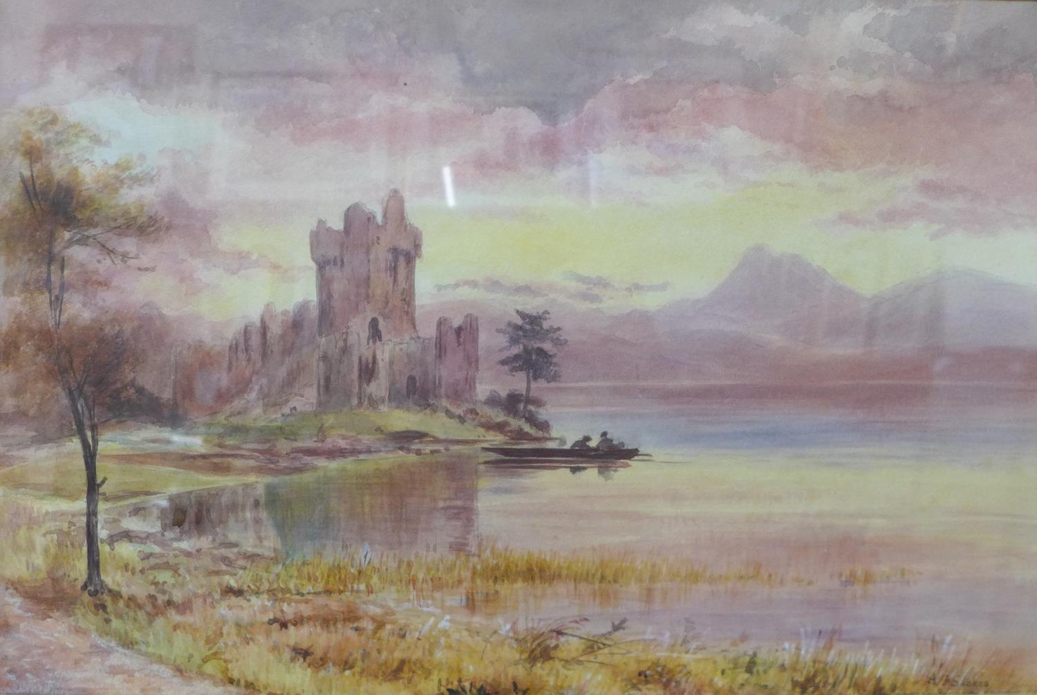 A.J. Stokes, Scottish loch scene, waterc...