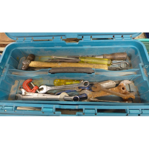 2030 - Makita 2 handled toolbox and tools:- hammers, spanners, grease gun, stapler, etc.