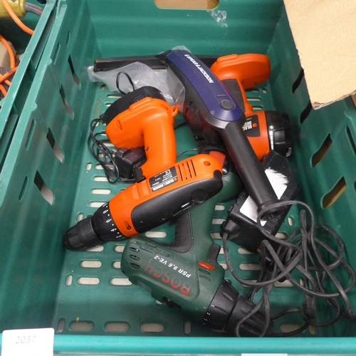 2037 - Black and Decker 14.4v drill and torch, Bosch 9.6v drill and Spear and Jackson window vac
