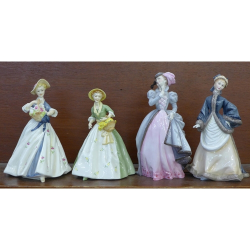 607 - Four Royal Worcester figures; Spring Morn, Summer's Day, Winter's Morn and Masquerade