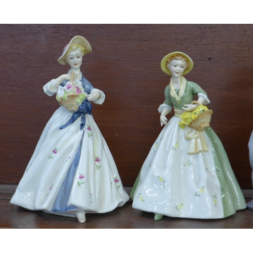 607 - Four Royal Worcester figures; Spring Morn, Summer's Day, Winter's Morn and Masquerade