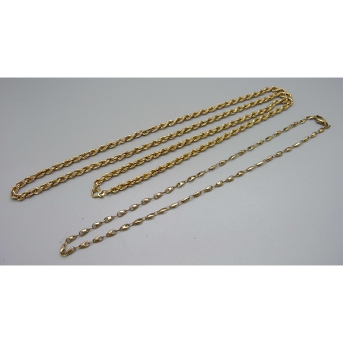 1010 - Two yellow metal chains, marked 333, 37.4g, 48cm and 90cm