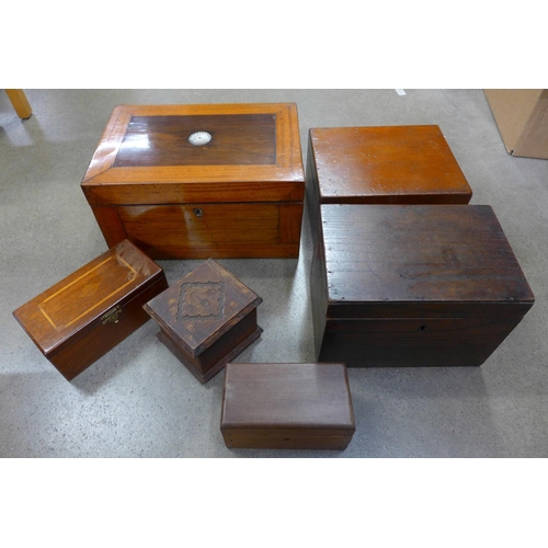 1154 - Six wooden boxes including a walnut workbox with mother of pearl inlay to the top **PLEASE NOTE THIS... 
