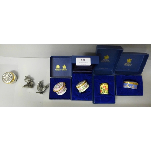628 - Four Halcyon Days Enamels trinket boxes, all boxed, and three items of Royal Selangor pewter