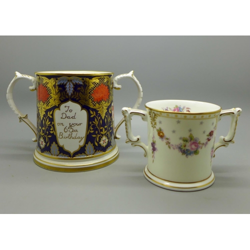 629 - A Royal Crown Derby Royal Antoinette loving cup and a Derby Ceramic Art Studios Hamilton Imari perso... 