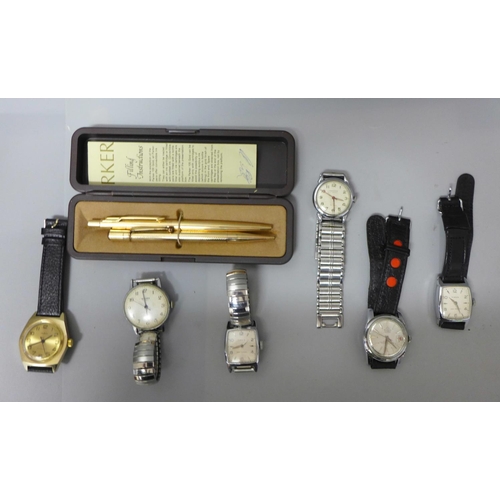 636 - Vintage wristwatches; Yeoman, Timex, Sekonda, Buler and Ruhler and a rolled gold pen and pencil