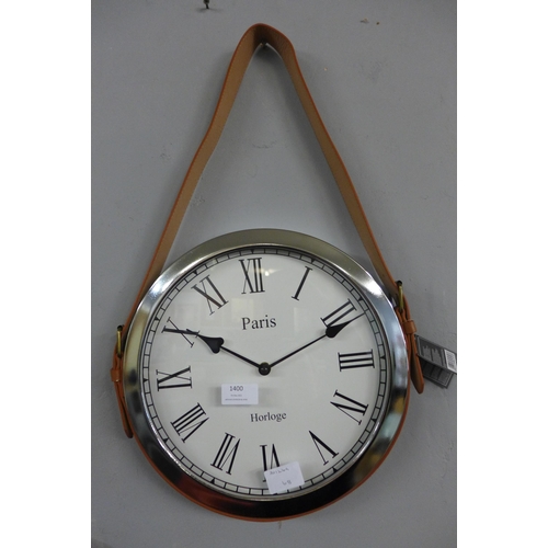 1346 - A Paris wall clock with belt strap hanger, H 57cms x 33cms (CL184112)   #