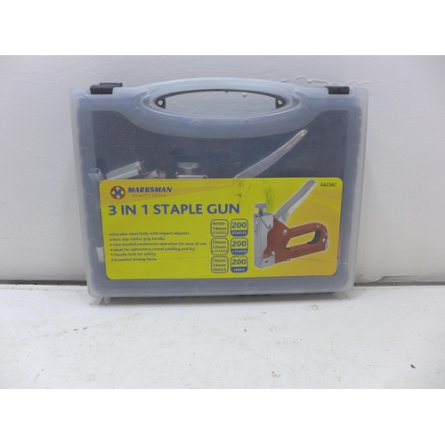 2013 - Box of miscellaneous tool items, including; sandbelts, staple guns, cordless drill etc.