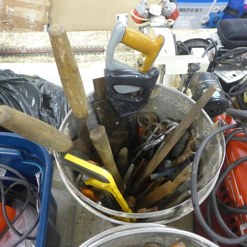 2026 - 2 Metal buckets with assorted tools: saws, screwdrivers, pliers, scissors, etc.