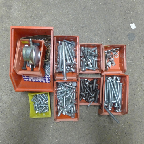 2032 - Plastic container with hand tools, vice, blow torch etc and approx. 500 mixed nuts and bolts with li... 