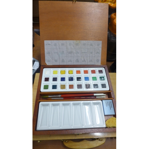 2058 - 2 Artist's pastels and Rowney watercolours, brush set, etc.