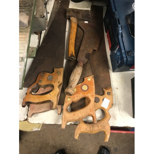 2009 - Approx. 6 wood-handled joiners tools: saws, axe, etc. Includes some Disston