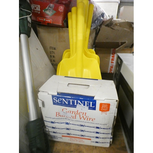 Parkside weed burner, 15m reel of barbed wire and qty. of shovels, boxed