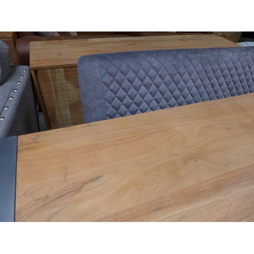 1428 - A Fire 2.0 hardwood and gunmetal grey dining table with a pair of creed dark grey upholstered high b... 
