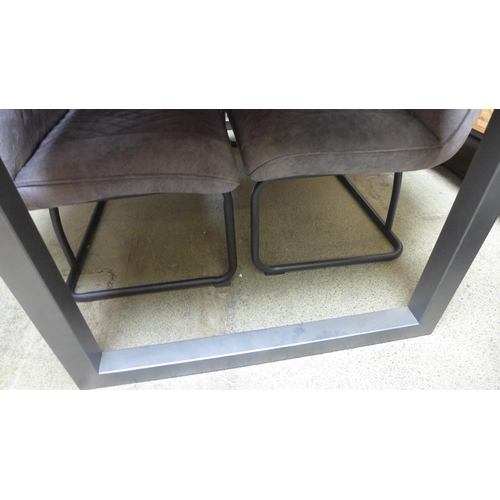 1428 - A Fire 2.0 hardwood and gunmetal grey dining table with a pair of creed dark grey upholstered high b... 