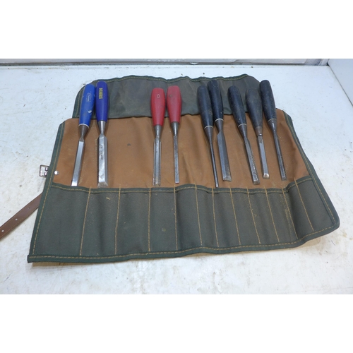 2005 - Nine Mixed Marples Irwin, Footprint and Stanley chisels in pouch
