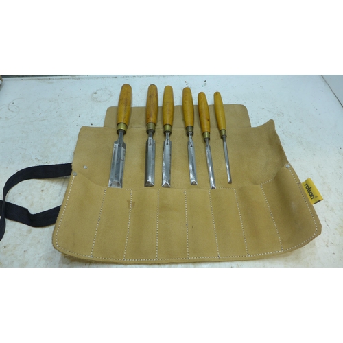2006 - Six I.Sorby lathing chisels in suede roll-up pouch