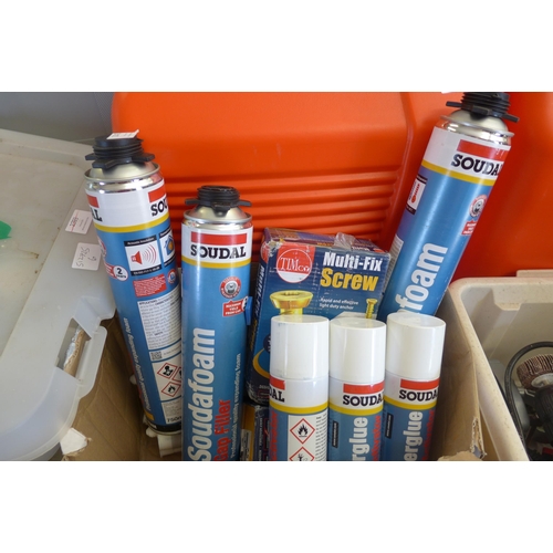 2042 - 2 full boxes of multifix screws, 3 tubes of glue and activator, 3 soudafoam and 4 joiner's caulk plu... 