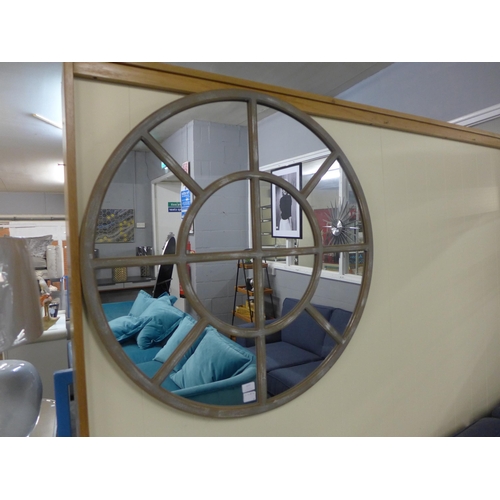 1377 - A distressed effect large circular mirror, 92.5cm