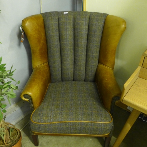 1398 - A Fast Track Fluted Wing Moreland Harris tweed and cerato leather armchair