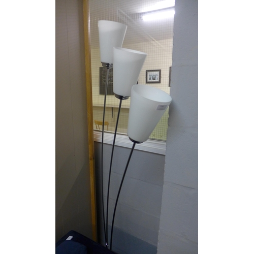 1343 - A contemporary three arm floor lamp with white glass shades, H 150cms (PLFL163W60)   #