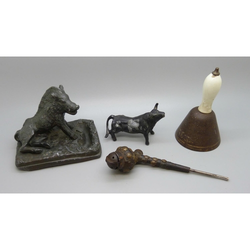 636 - A pewter model of a warthog, bull, small bell and a pipe