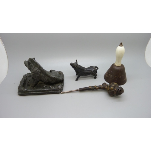 636 - A pewter model of a warthog, bull, small bell and a pipe