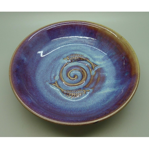 648 - A studio pottery blue glazed bowl, D. Fry, 21cm
