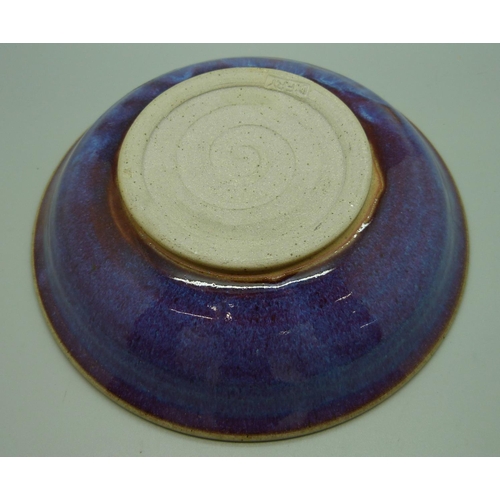648 - A studio pottery blue glazed bowl, D. Fry, 21cm